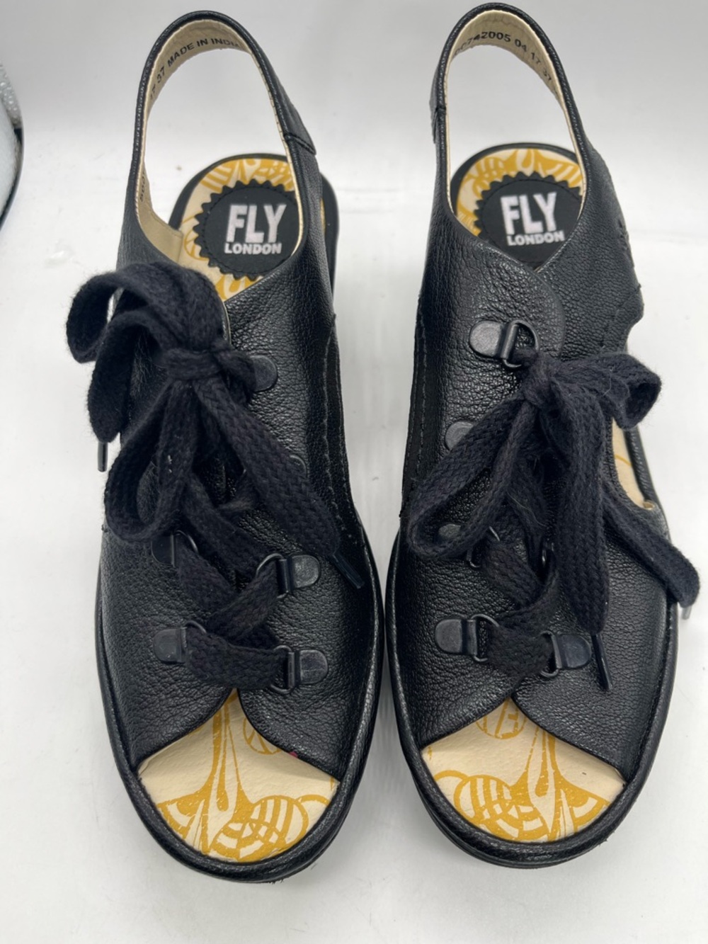 Fly London Ylfa black leather lace-up wedge sandals Sz EU 37 EUC